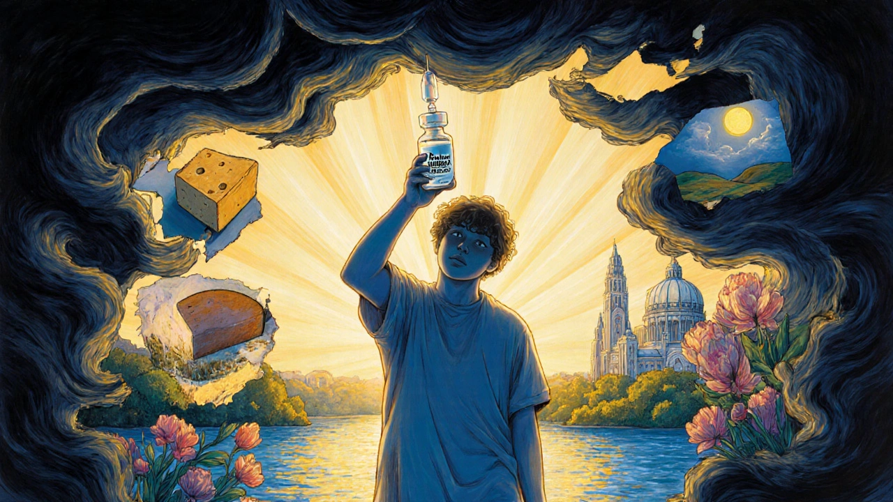 A person stepping from darkness into sunlight, holding an empty Imitrex vial as migraine triggers fade into flowers.