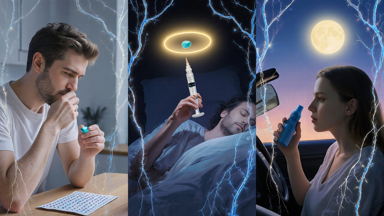 Three scenes showing Imitrex taken as pill, injection, and nasal spray, each glowing with targeted therapeutic light.