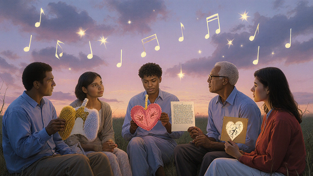 A circle of PAH patients holding handmade art objects, with glowing musical notes and fireflies rising under a twilight sky.