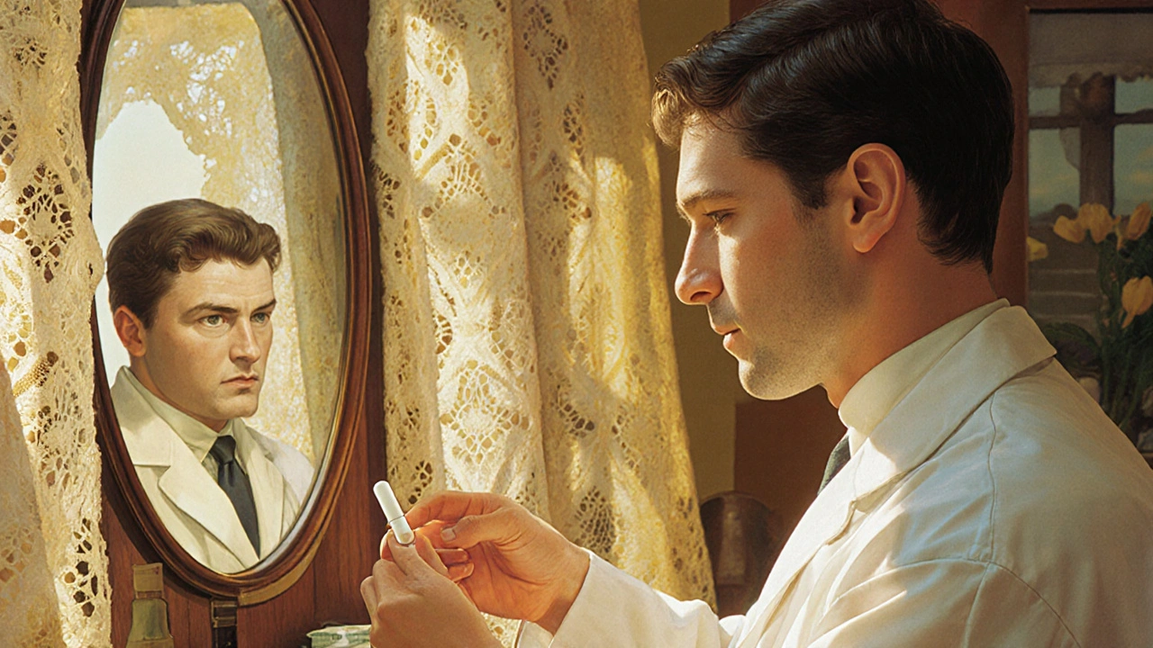 A doctor gives a man a finasteride pill in a sunlit barber shop as new hair begins to grow.