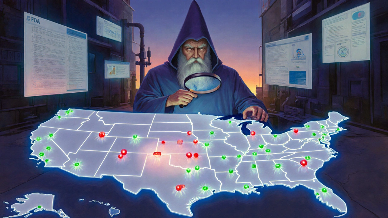 A figure uses a magnifying glass over a glowing U.S. map of anonymized health data points, representing the FDA's safe, privacy-first surveillance system.