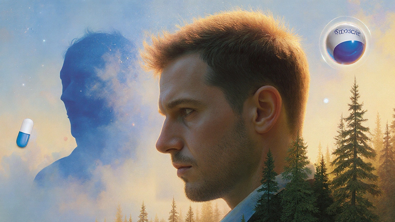 A man's scalp transforms into a glowing forest of hair as DHT fades into mist under ethereal light.