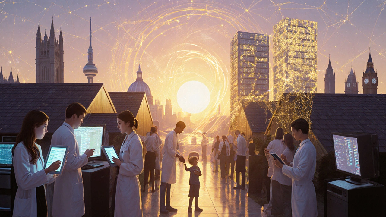 A sunrise scene shows a child receiving a vaccine surrounded by protective light, with global connections symbolizing Sentinel's worldwide influence.