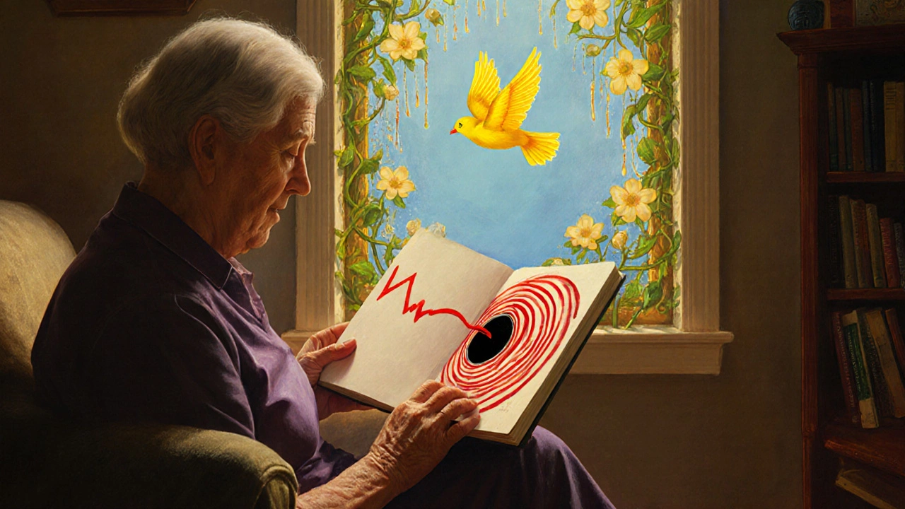 A woman holding a journal with a dark spiral drawing, as a yellow bird flies toward light through a window filled with glowing vines.