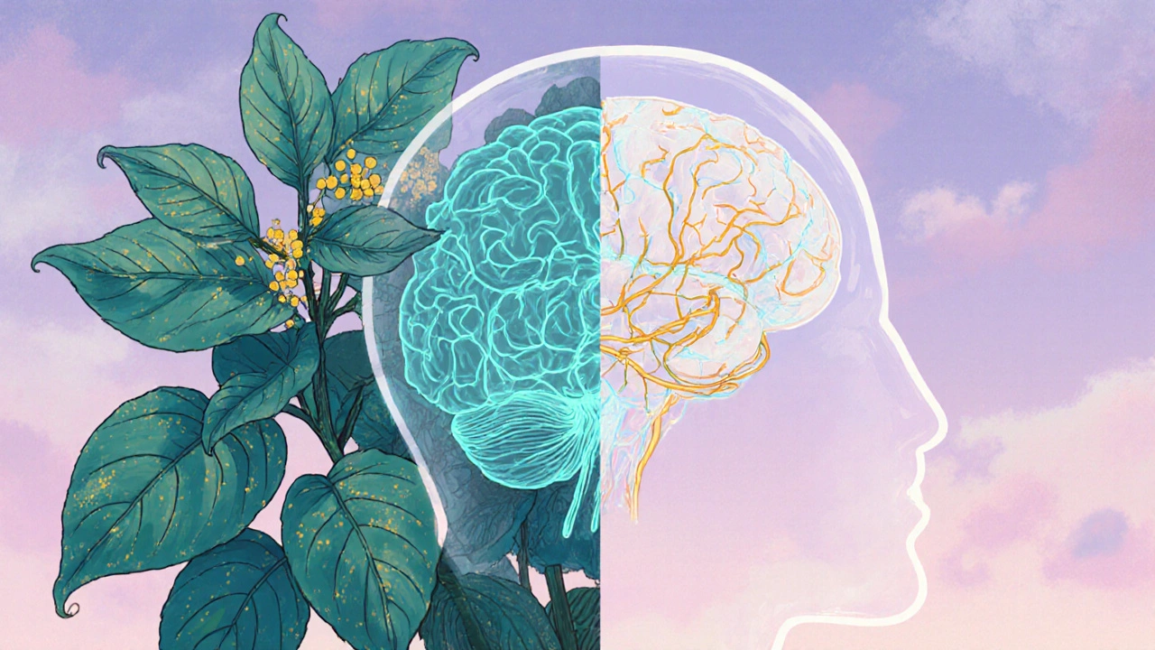 Bacopa plant beside a glowing brain illustration showing neural pathways.