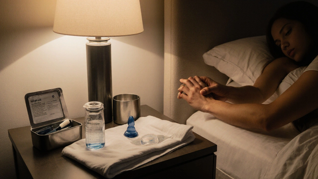 Bedroom scene with a condom, lubricant, toyâcleaning kit, and an STI test kit.