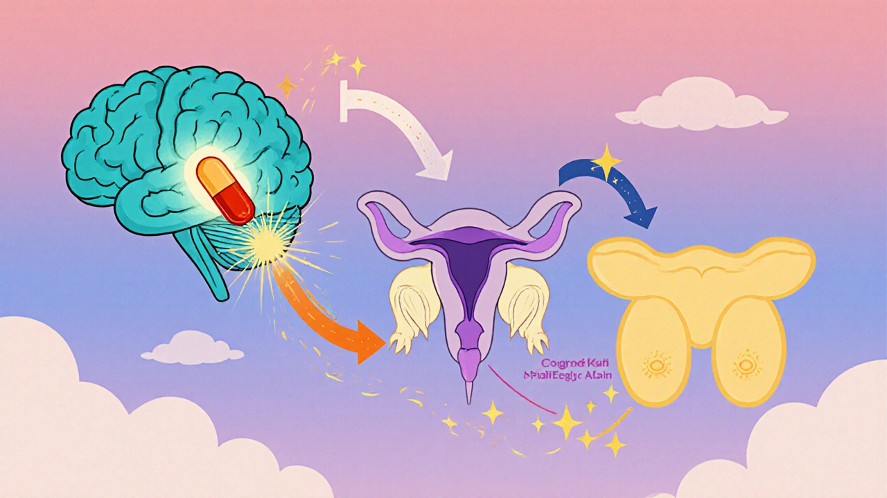 Cartoon diagram of opioids suppressing hormonal pathway to the testes.
