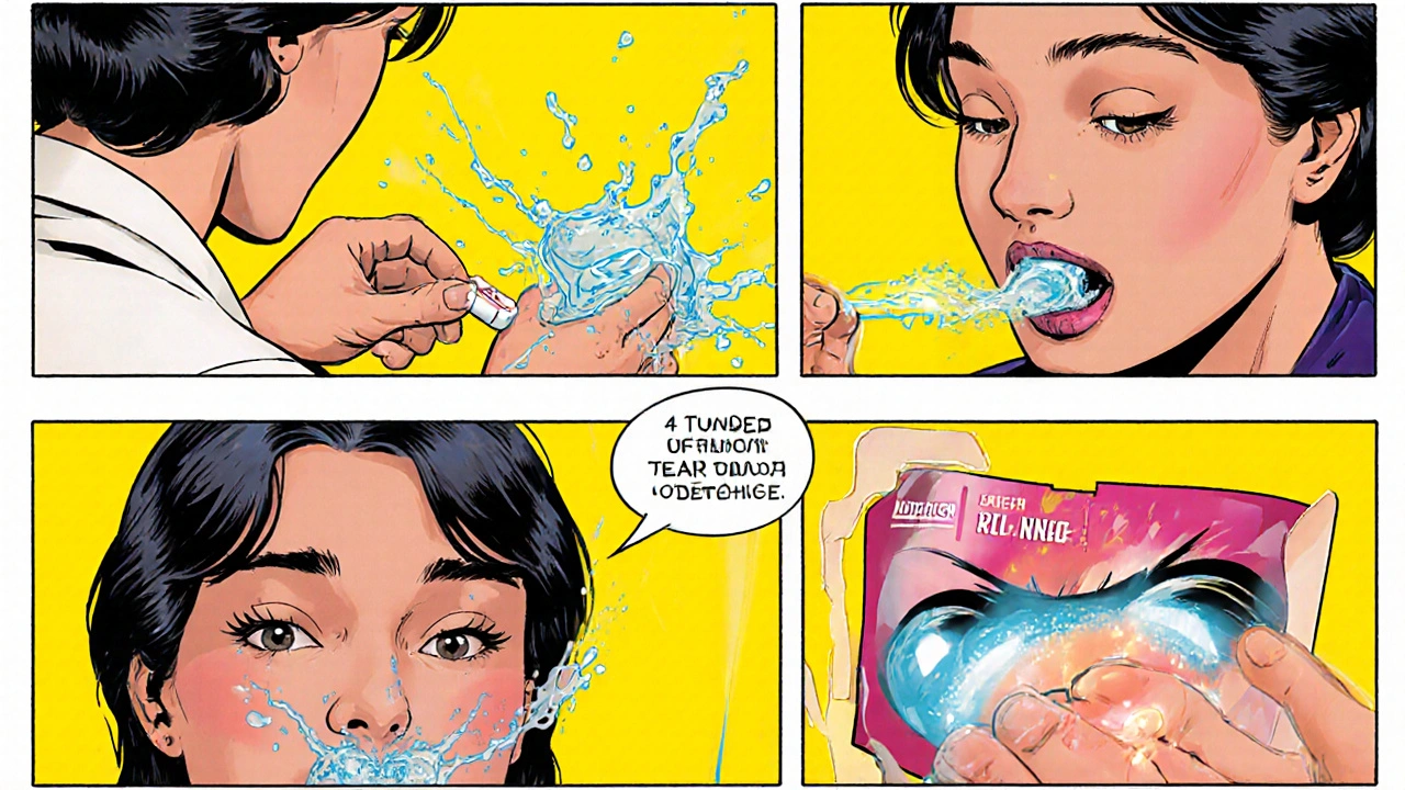 Comic panels show nurse giving tablet, patient swishing gel, and dosing schedule.