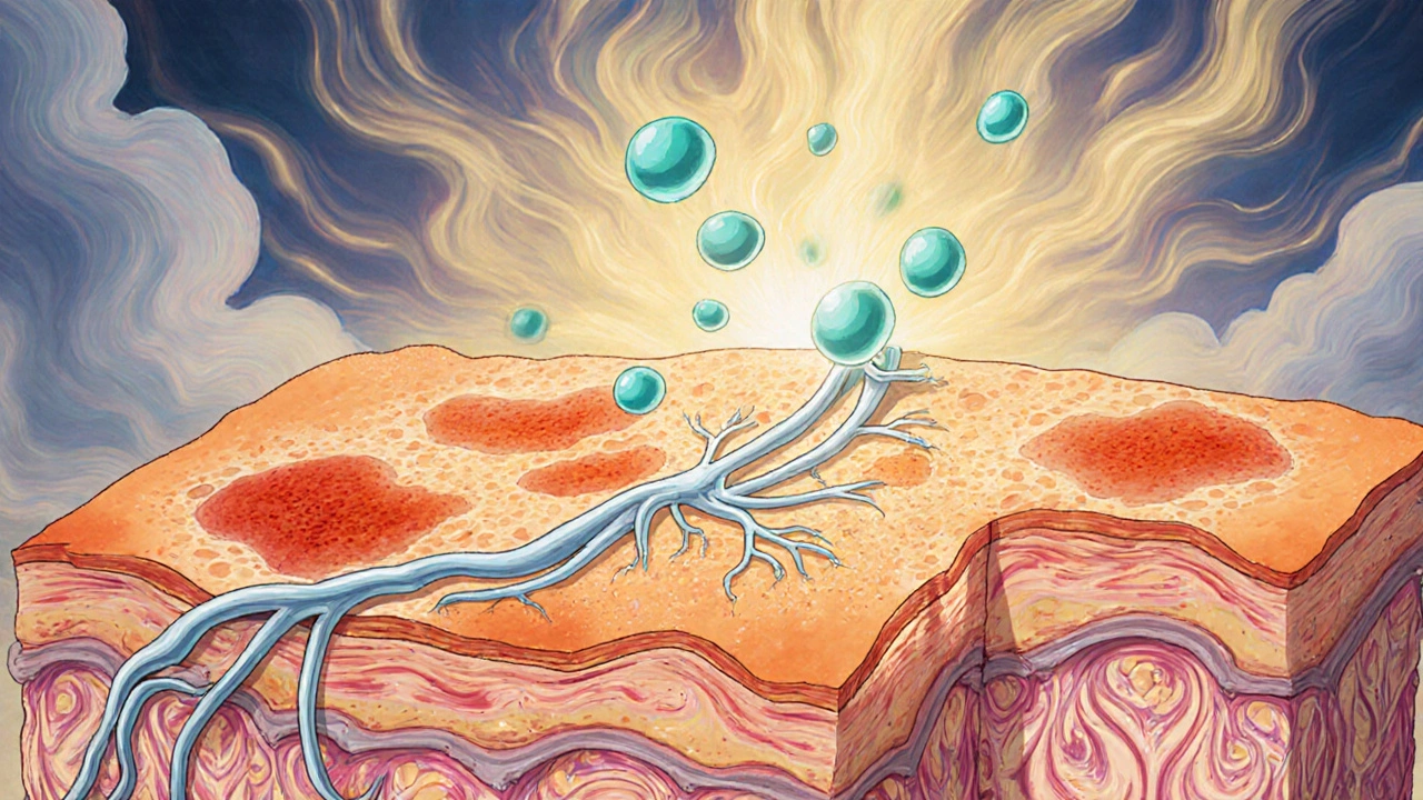 Cross‑section showing gel particles reducing inflammation and blocking nerve signals.