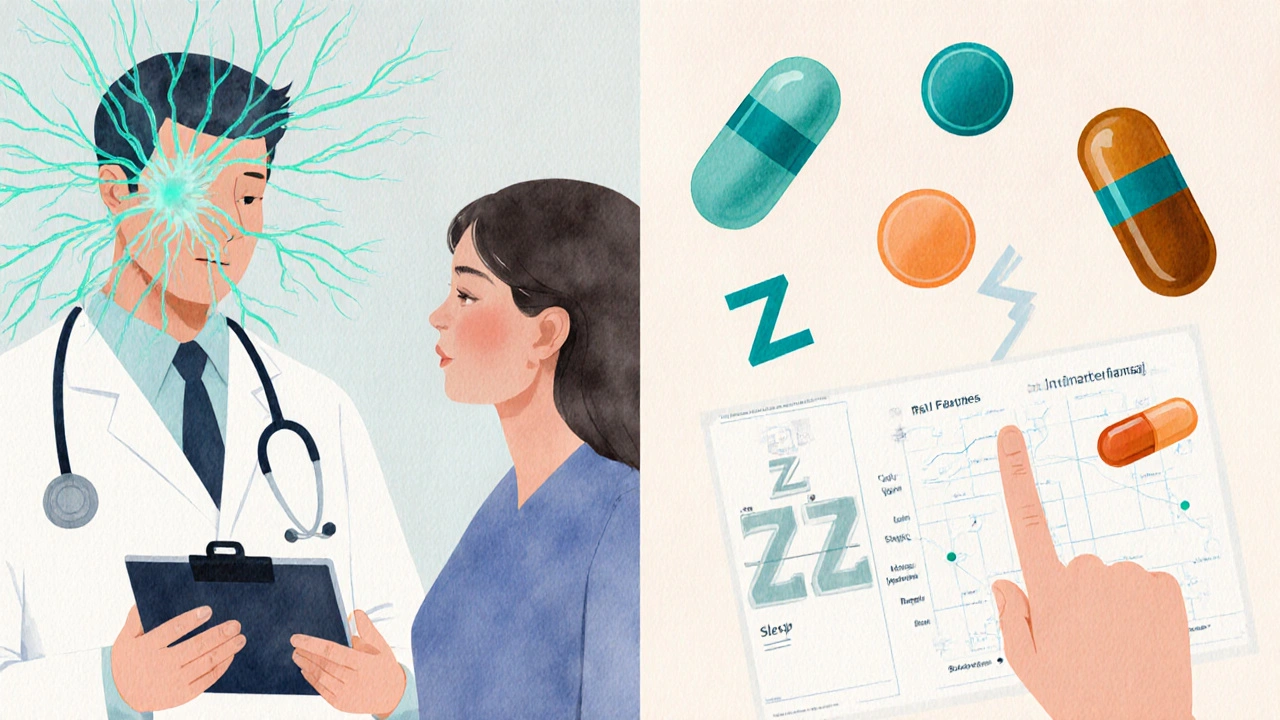 Doctor and patient discussing pain and sleep amid floating pill silhouettes in watercolor style.