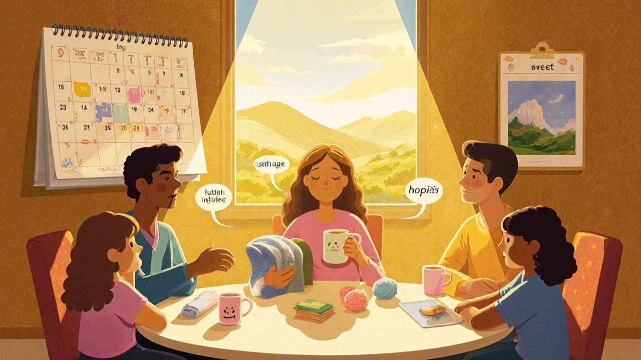 Family at table with self‑care kit, calendar and emotion words, warm glowing light.