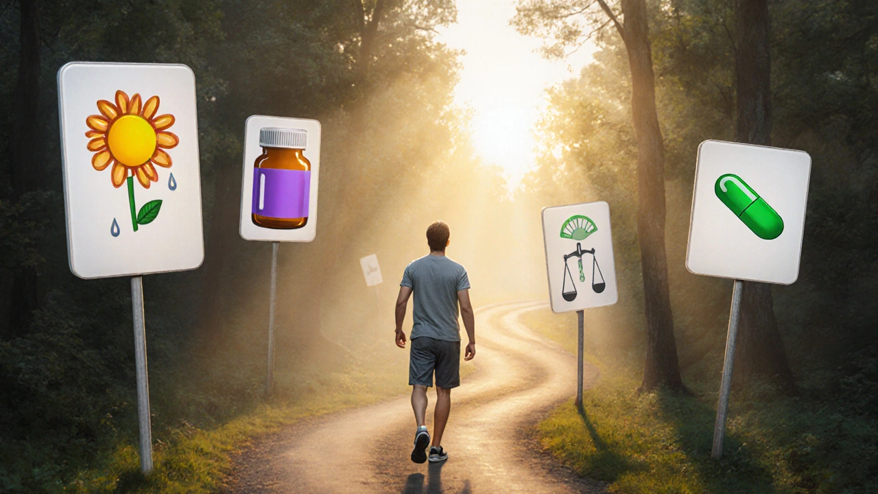 Figure walks a sunrise forest path with floating pill‑shaped signs indicating different drug effects.