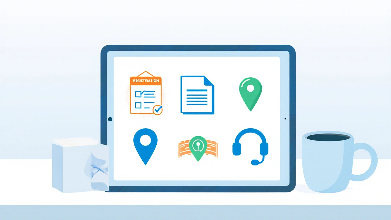 Flat‑design tablet showing icons for TGA registration, prescription, HTTPS, address, and phone.
