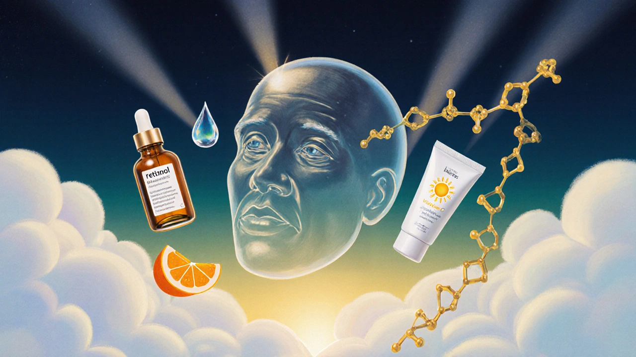 Floating ingredients—retinol, hyaluronic acid, sunscreen, vitamin C, peptides—surround a face outline.
