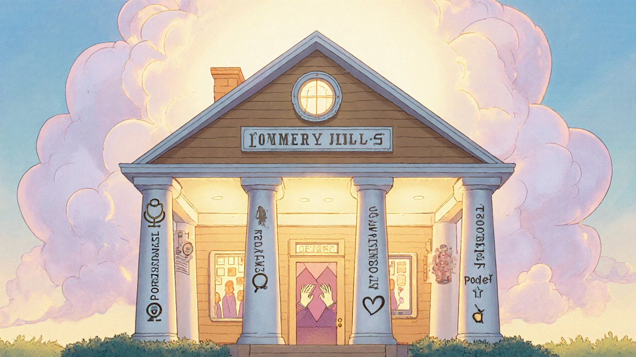 House supported by four pillars representing professional, peer, family, and digital help.