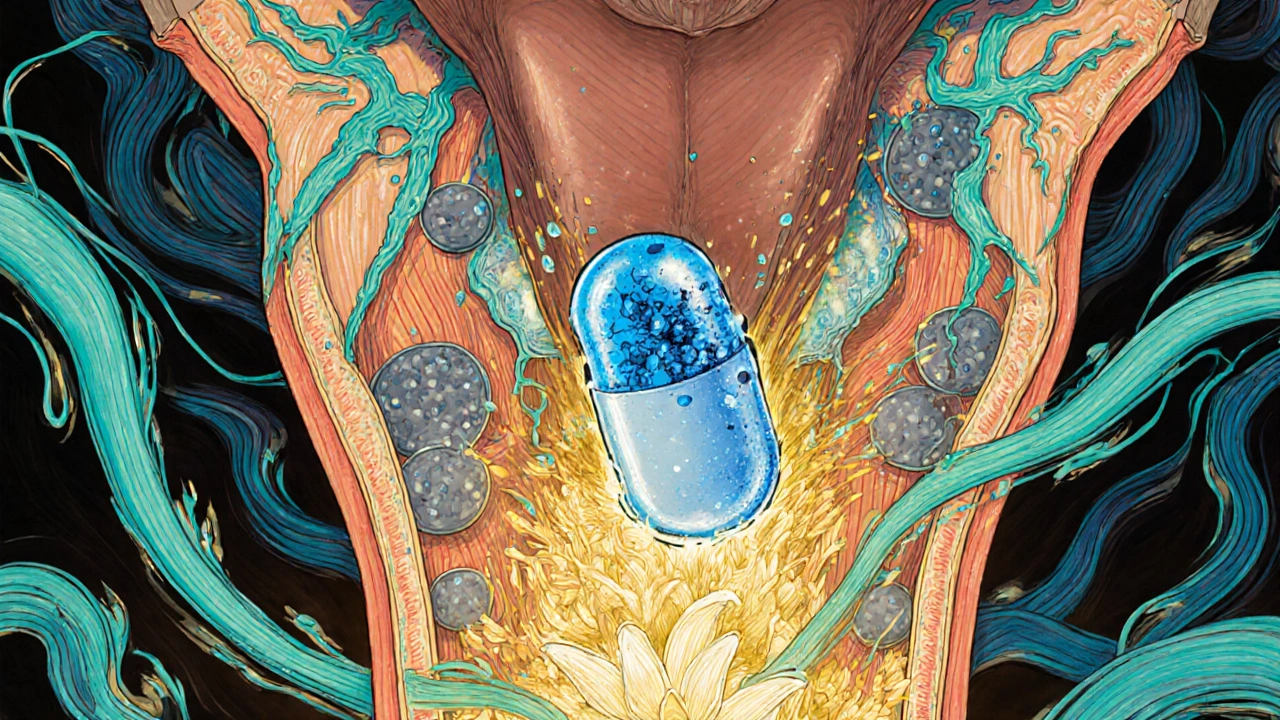 Illustrated cross-section of a penis showing blood vessels expanding as a pill dissolves.