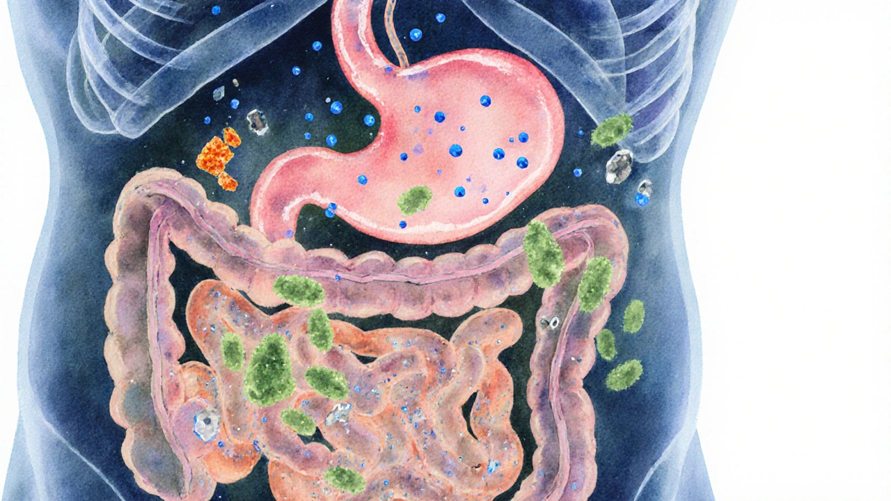 Illustrated cross‑section of intestines showing how loperamide, Pepto‑Bismol, probiotics, ORS and zinc act inside the gut.