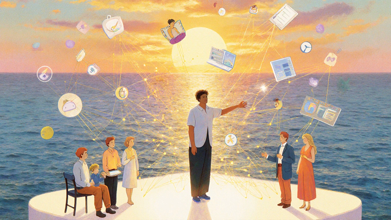 Individual surrounded by therapy, peers, family, and digital icons linked by golden threads.