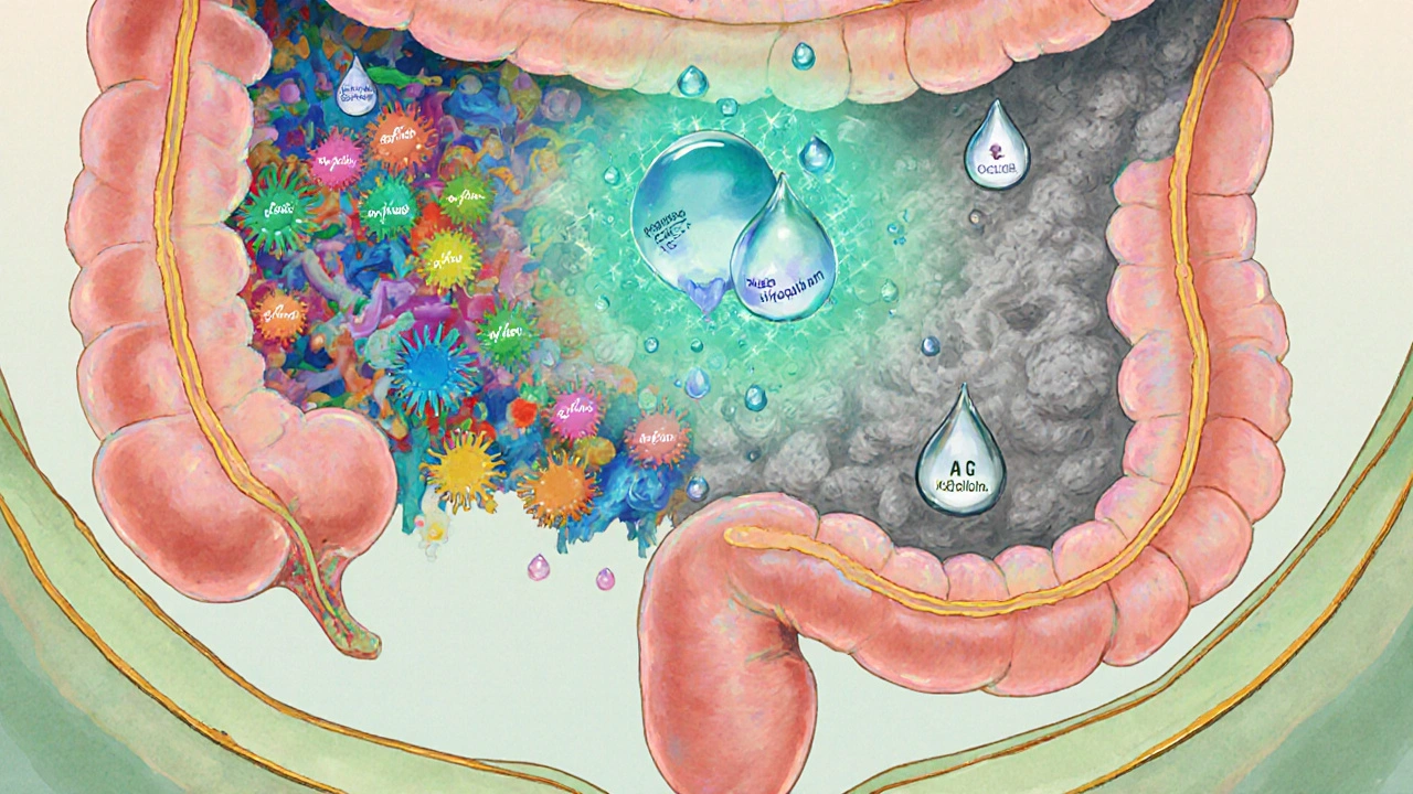 Intestinal cross‑section showing loss of beneficial microbes, SCFA droplets, and calming T‑cells.
