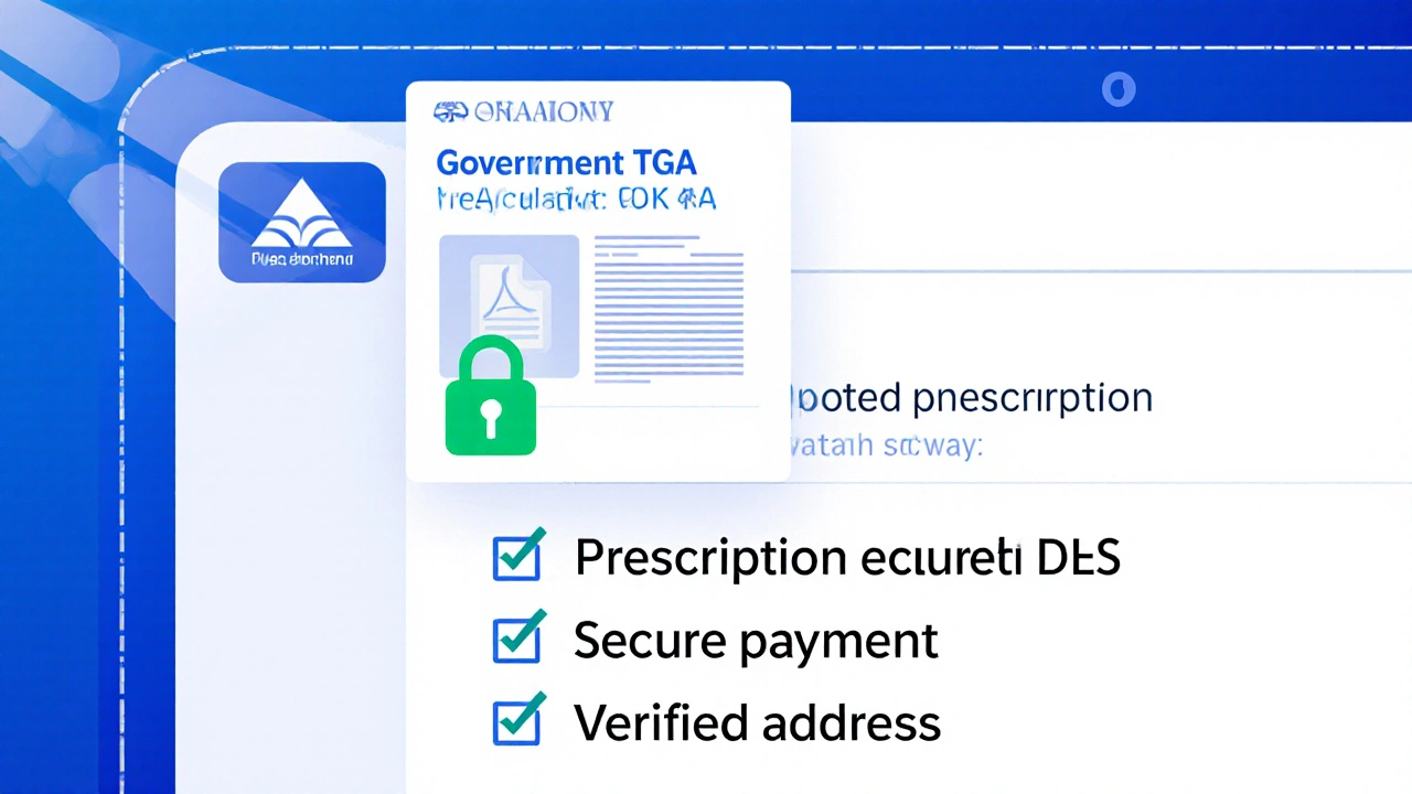 Laptop screen showing TGA registration, prescription upload, and a checklist with ticked items.