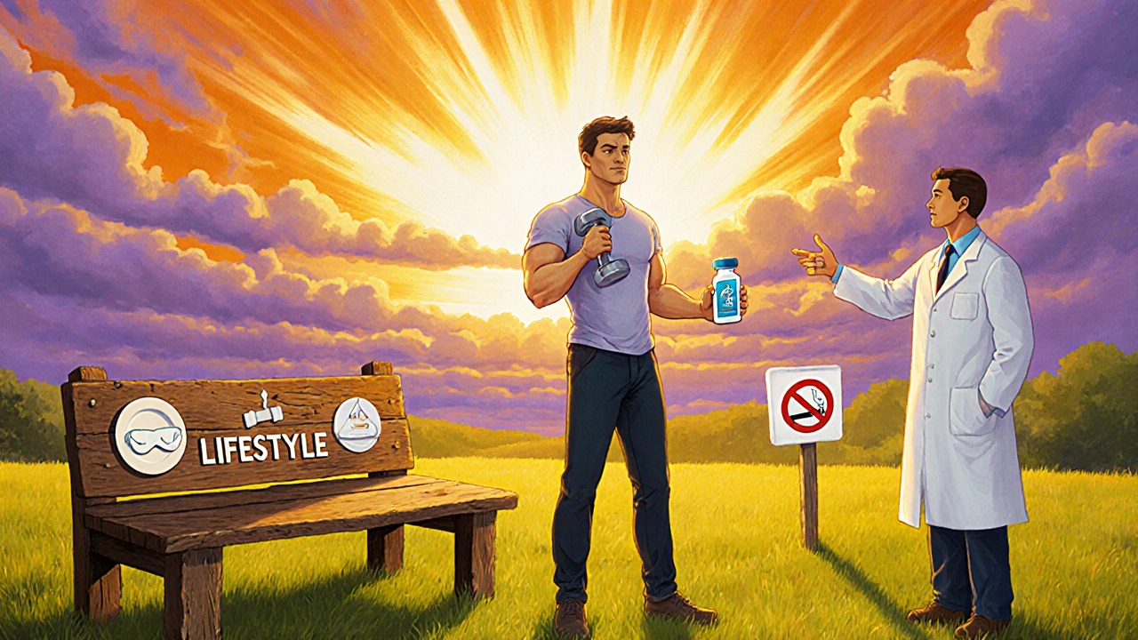 Man exercising outdoors holding testosterone gel, with doctor and lifestyle icons.