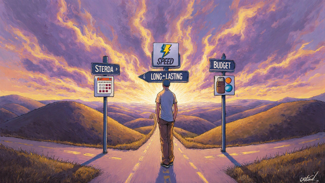 Man standing at crossroads with signposts for speed, long‑lasting, and budget ED options.