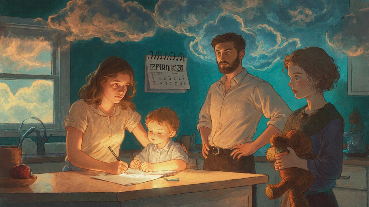 Parents and child in kitchen, tense atmosphere with storm cloud outlines overhead.