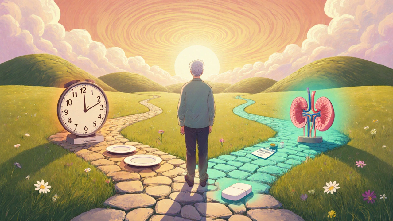 Patient at a meadow crossroads choosing between medication options, each path highlighted.