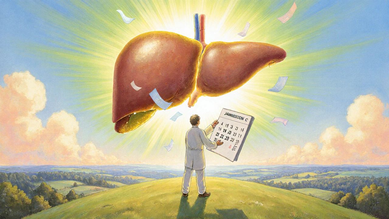 Patient on a sunny hill holding a calendar, with a healthy glowing liver beside them.