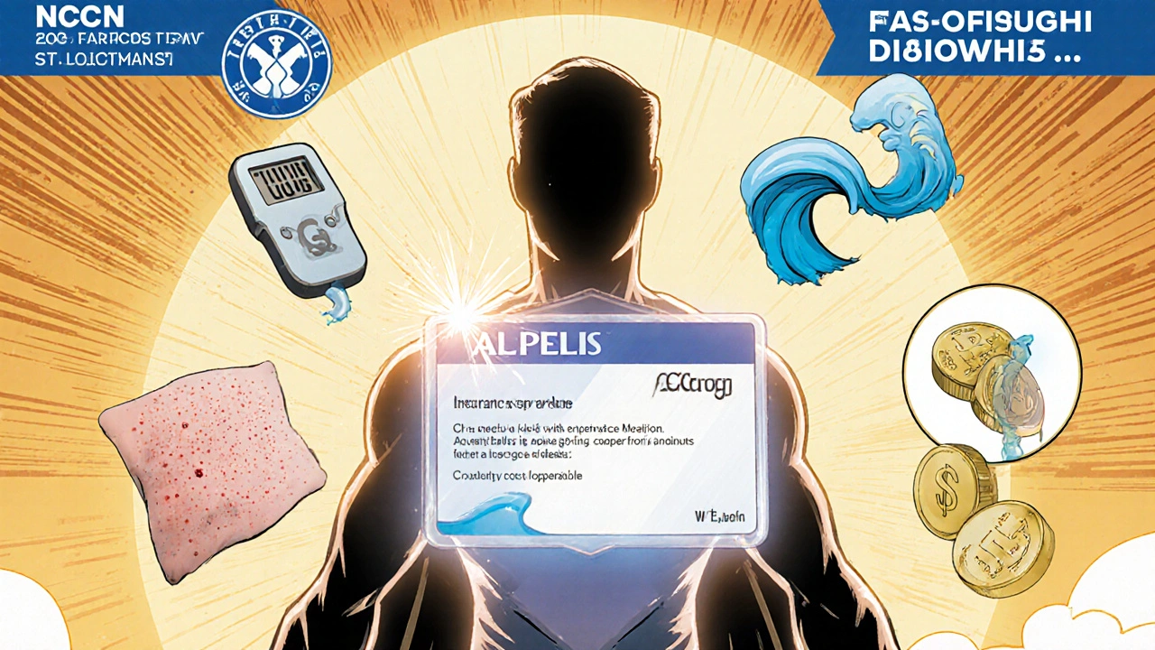 Patient protected by insurance shield, side effects eased by medical helpers in a comic panel.