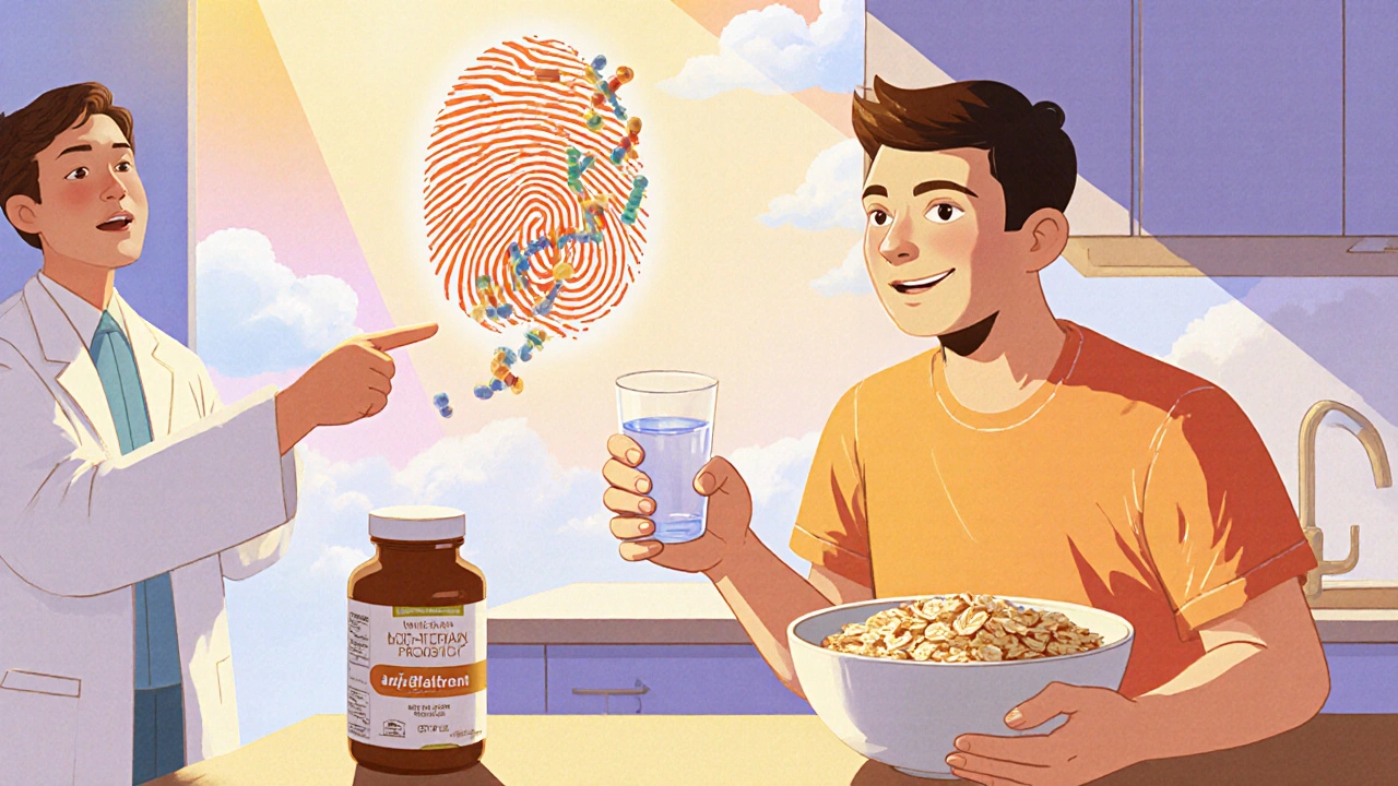 Patient with water, oatmeal, and probiotics; doctor highlighting personalized microbiome profiling.
