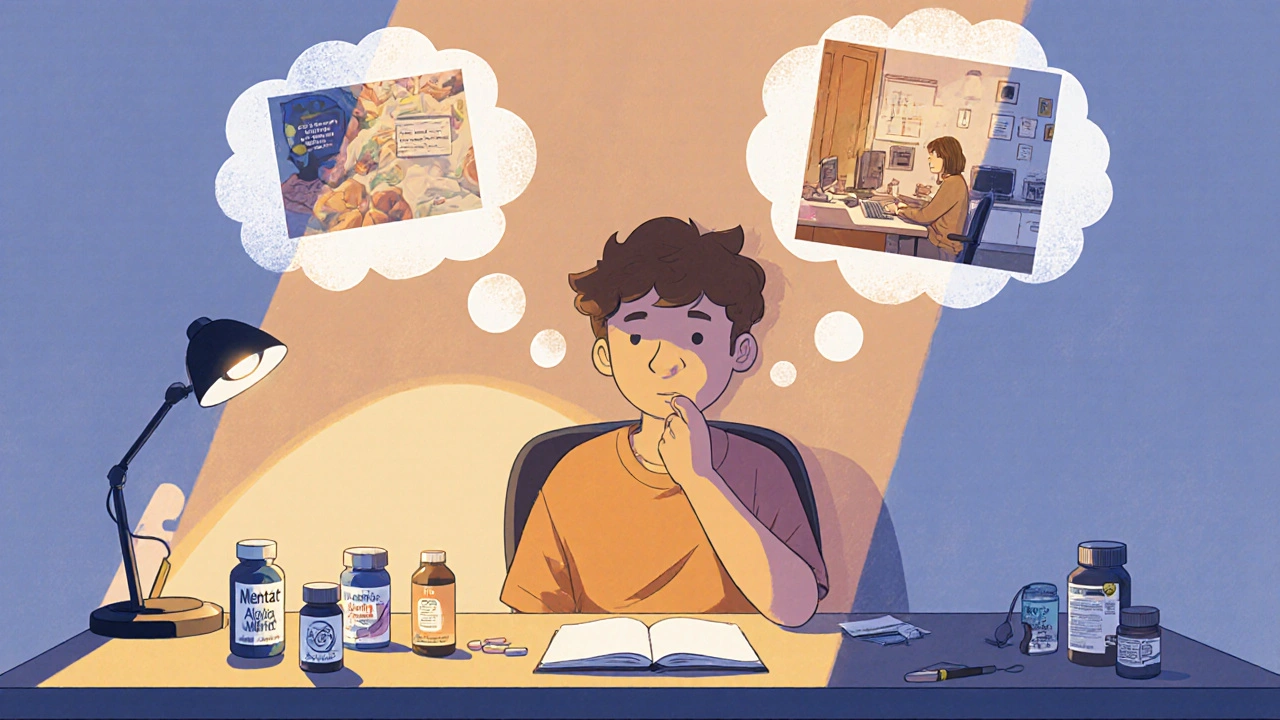 Person at a desk choosing supplements, thought bubble shows memory and focus.