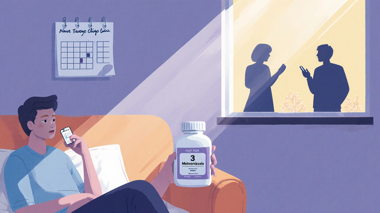 Person holding metronidazole bottle with calendar and silhouettes indicating partner notification.