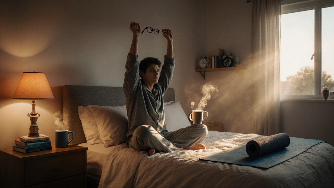 Photo of a bedroom routine: dim lamp, stretching, melatonin bottle, and sunrise light for better ADHD sleep.