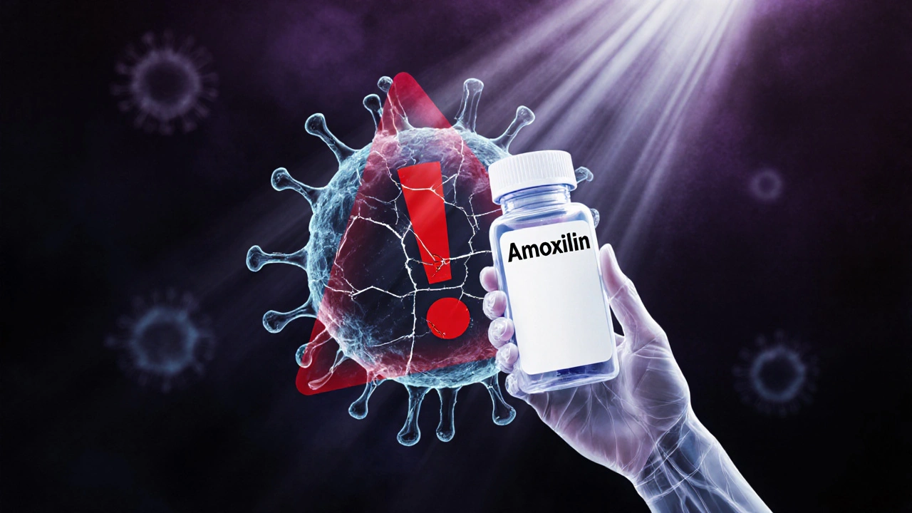 Semi‑abstract image of a bacterial silhouette with warning sign and a hand holding an amoxicillin bottle.