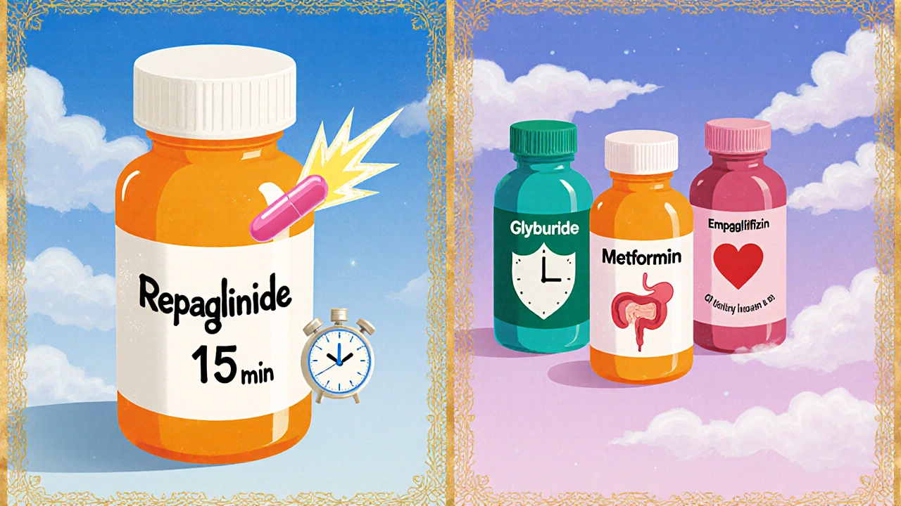 Side‑by‑side cartoon of Repaglinide and other diabetes pills with icons for effects.