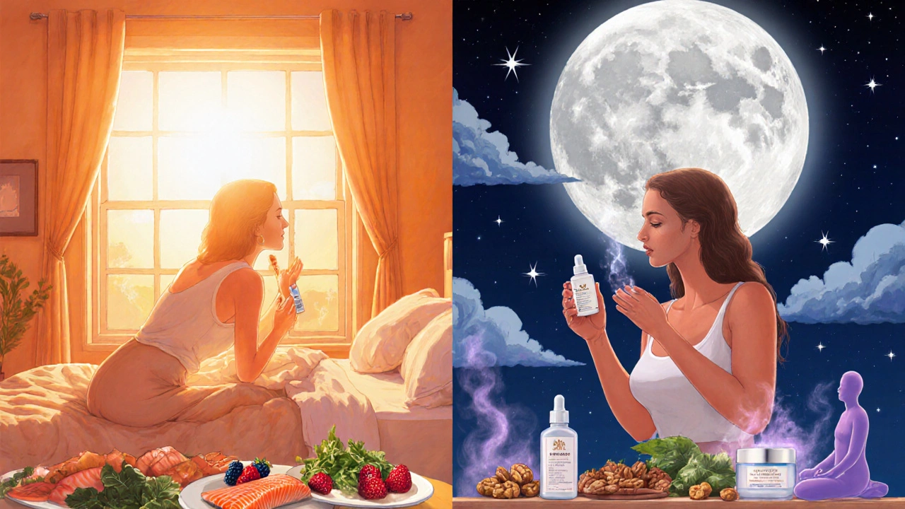 Split scene of morning and night skincare routines with sunrise, moonlight, healthy foods, and meditation.