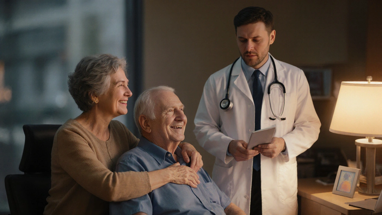Supportive caregiver accompanies patient to a urologist appointment, offering reassurance.