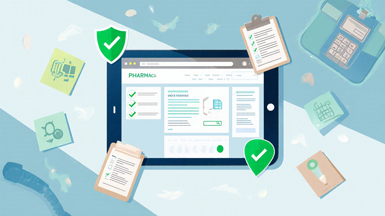 Tablet screen showing safety checklist icons for online pharmacy.