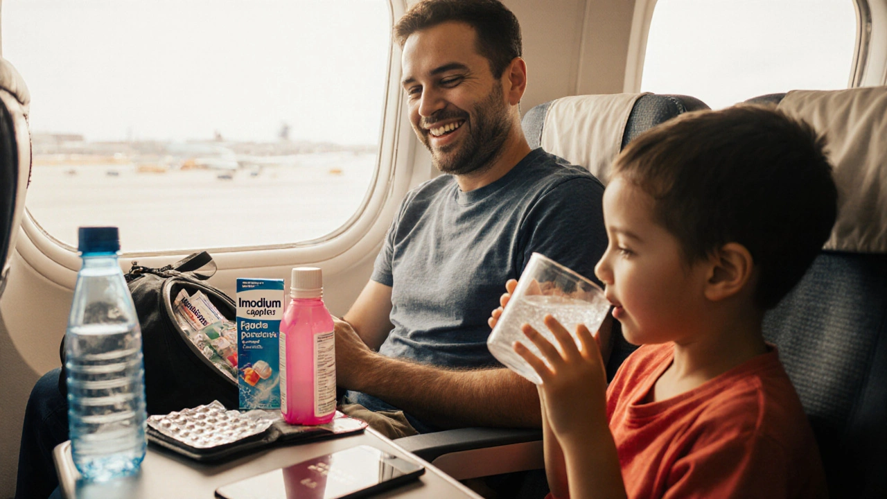 Traveler and child with a bag of antidiarrheal remedies and ORS, preparing for a journey.