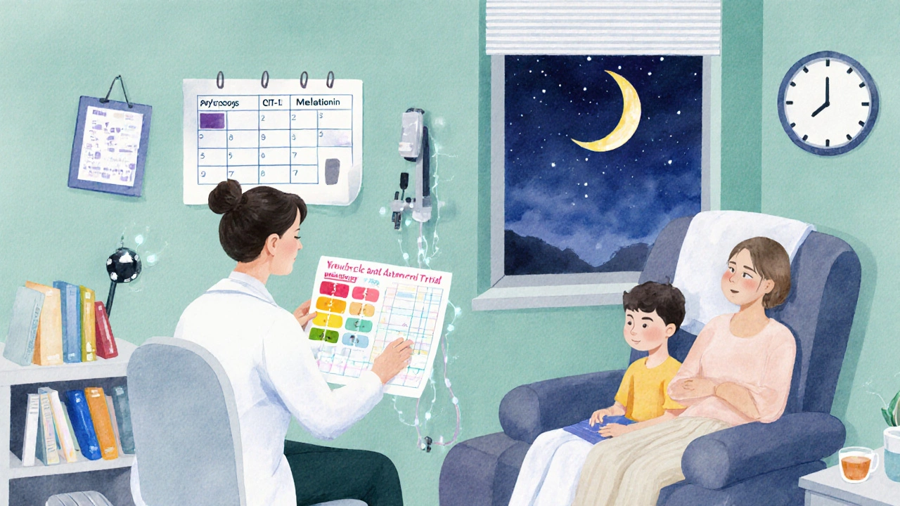Watercolor of sleep clinic meeting with child, parent, and sleep‑study equipment discussing ADHD sleep care.