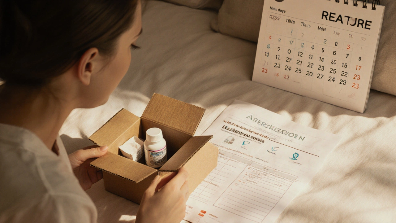 Woman opening a parcel with generic clomid bottle, calendar showing five‑day cycle, and side‑effect icons.