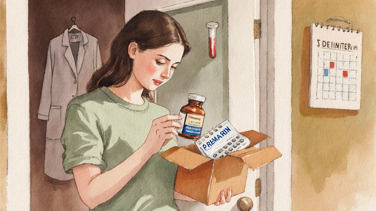 Woman opening a parcel with Premarin tablets, checking the label.