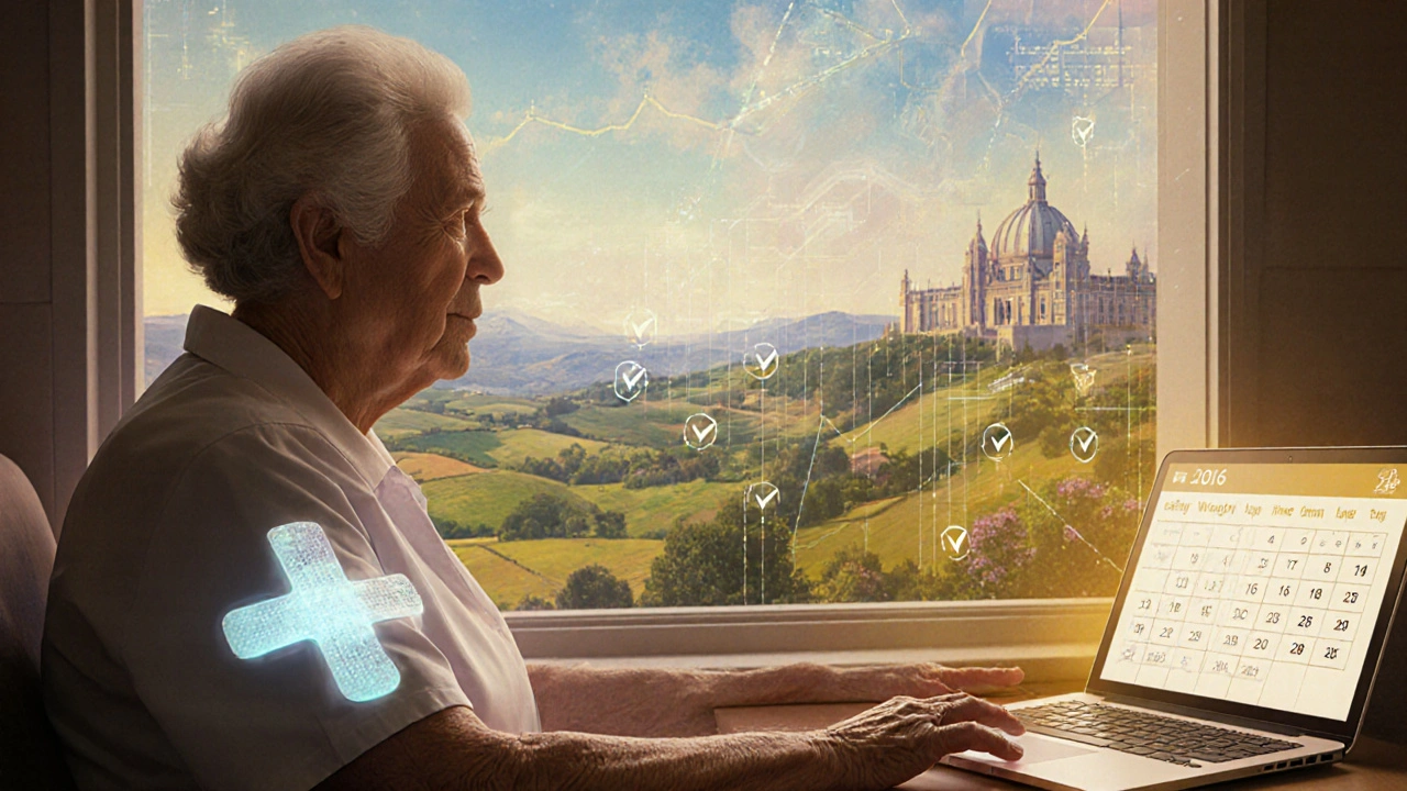 78-year-old woman with glowing potassium patch and AI data overlay in a timeless clinic with golden light.