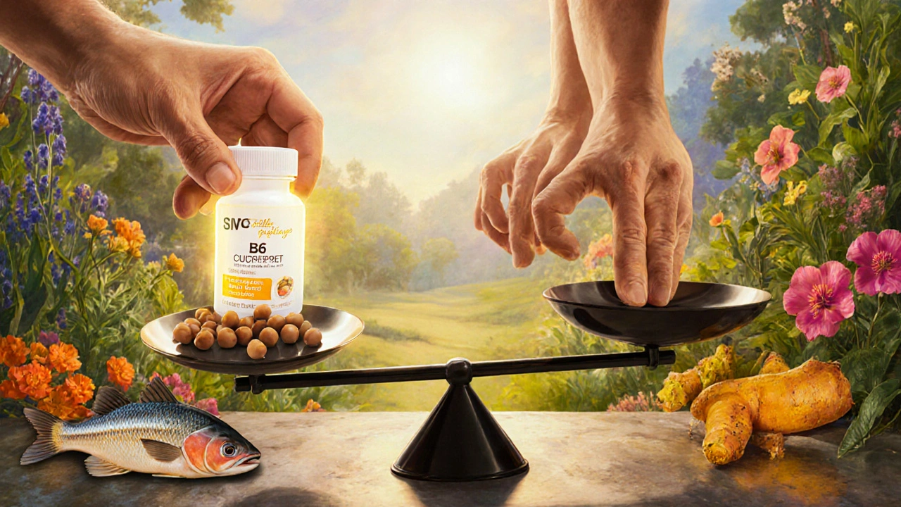 A balanced scale with B6 supplement and chickpea on one side, active hands on the other.