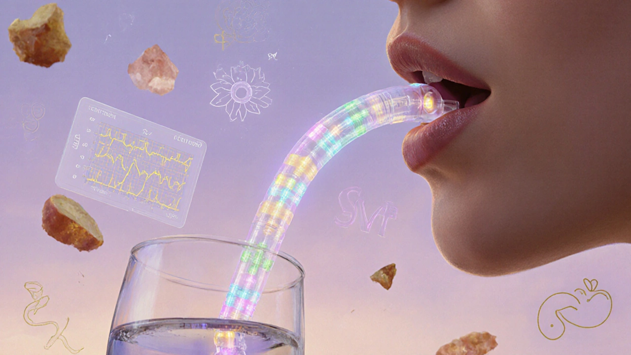 A catheter with glowing sensors mapping esophageal contractions in floating light patterns.