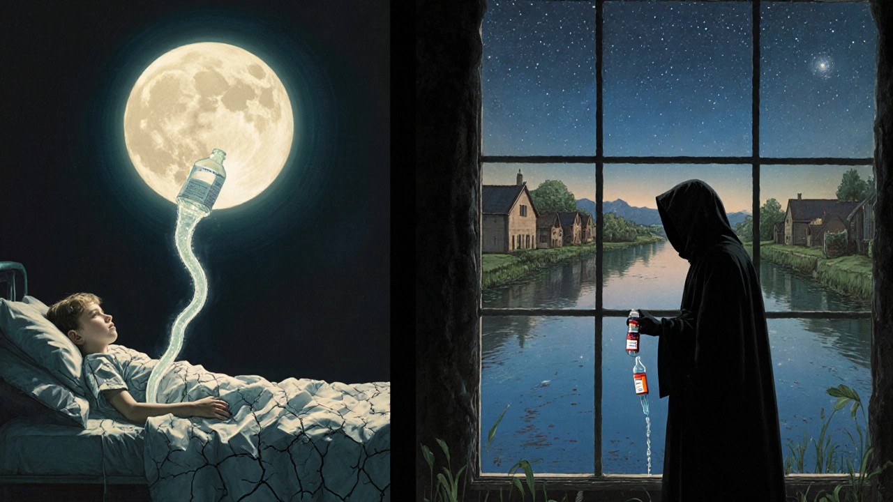 A child in bed as toxic substances from a fake syrup snake through their veins under moonlight.