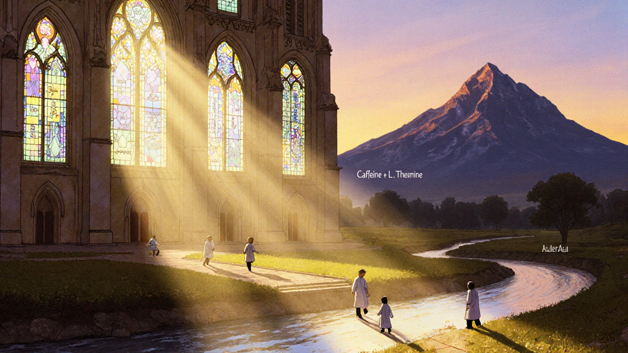 A luminous brain-cathedral with neurotransmitter stained glass and contrasting paths of focus and risk in a mystical landscape.