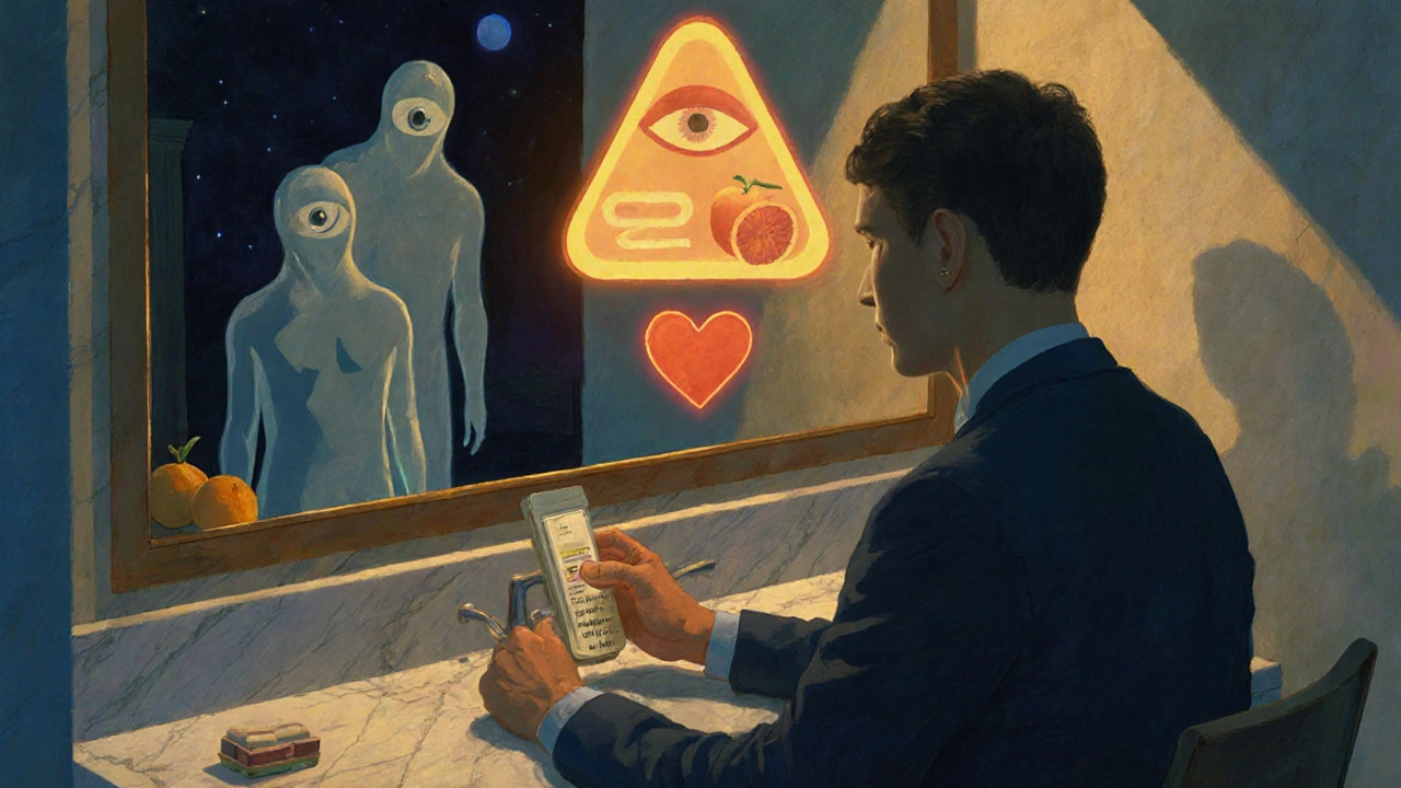 A man at a vanity with ghostly drug interaction shadows looming behind him under moonlight.