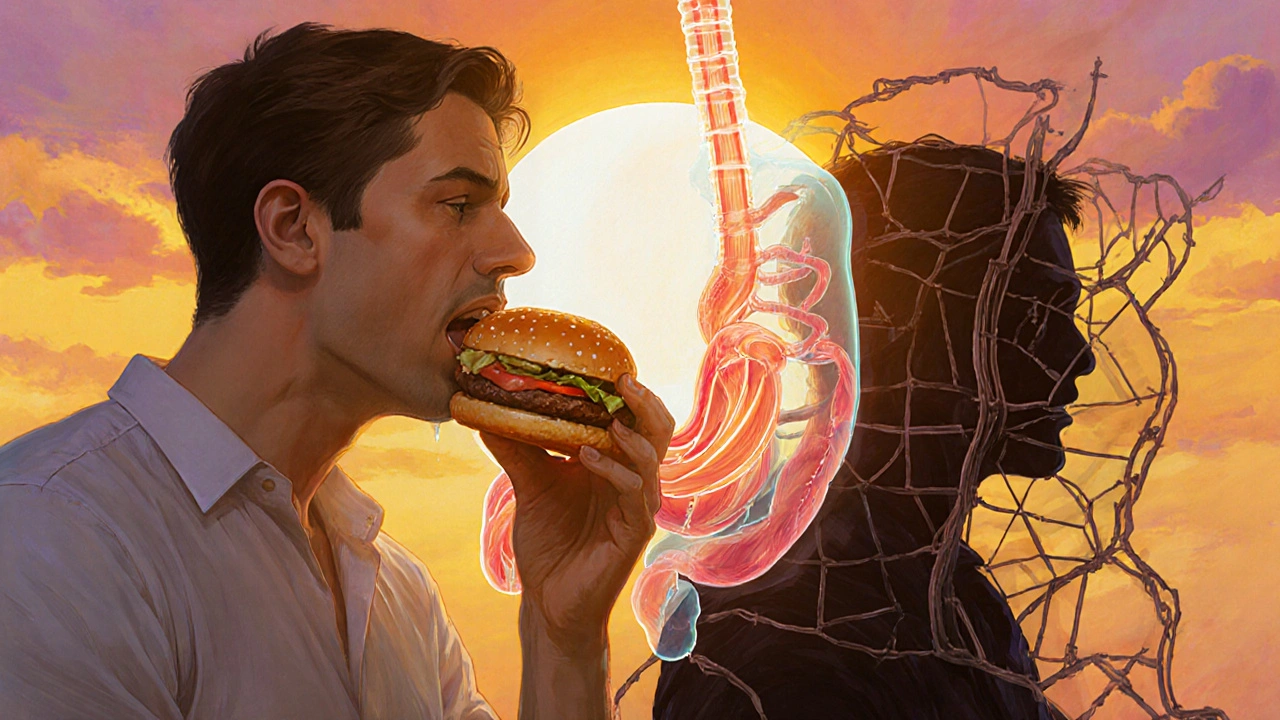 A man eating a burger as his healed esophagus glows behind him, contrasting with past suffering.